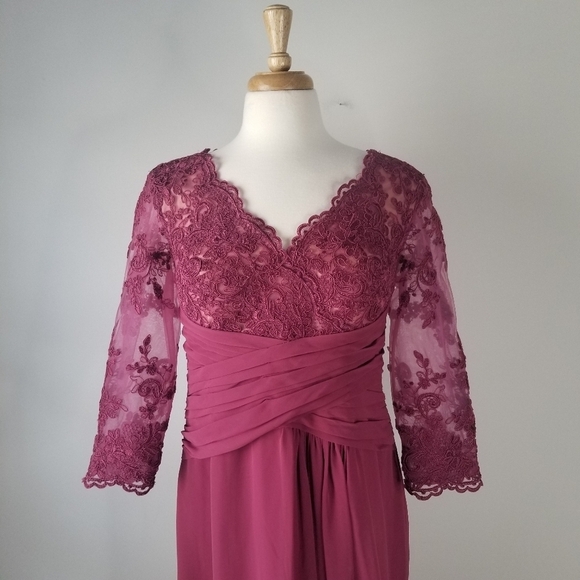 Azazie Joan Mulberry Sheath V-Neck Lace Chiffon Dress Size L Bridesmaid - Picture 11 of 16